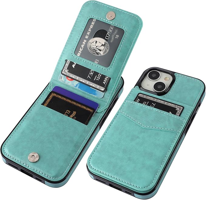 KIHUWEY Compatible with 15 Case Wallet with Credit Card Holder, Flip Premium Leather Magnetic Clasp Kickstand Heavy Duty Protective Cover for 15 6.1 Inch (Mint Green)