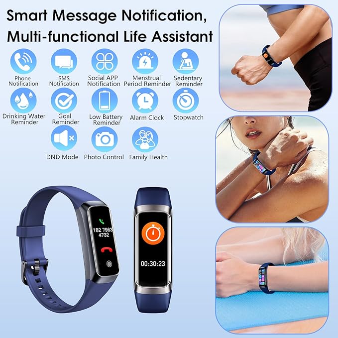 Fitness Tracker, 24/7 Heart Rate Blood Oxygen Blood Pressure Body Temp Monitor Sleep Calorie Tracker with 1.1" AMOLED Touch Color Screen Pedometer Smart Watch Waterproof for Women Men (Blue)