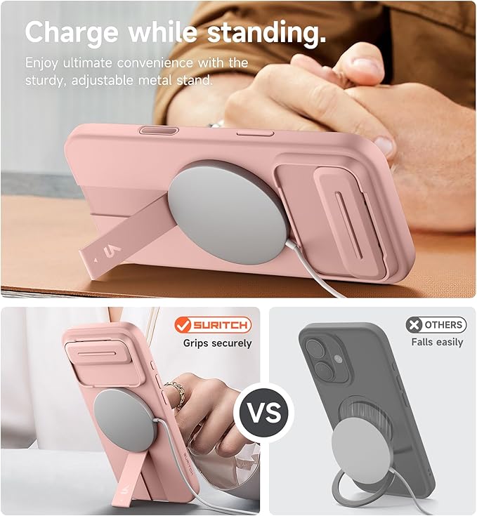 SURITCH for iPhone Air Case with Camera Control Cover, Camera Slide Cover and Adjustable Kickstand, Compatible with MagSafe, Shockproof Bumper Protective Cases for iPhone 17 Air 6.5 Inch, Pink