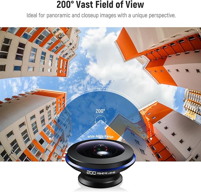 NEEWER 200° Fish Eye VR Lens with 17mm Thread Phone Lens Clip for Panoramic View, Live Streaming, Outdoor Landscape, Architecture, Compatible with iPhone 17 16 Pro Max S25 Ultra
