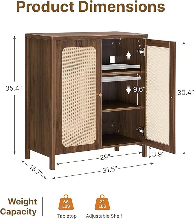 Rattan Sideboard Buffet Cabinet 2 Door Boho Kitchen Storage Cabinet Accent Console for Living Room, Hallway, Kitchen, Sideboard, Buffet Table Walnut