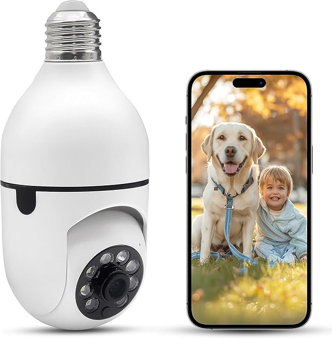 E26 Socket Security Camera - 2K HD WiFi Camera with Night Vision, Motion Detection, Two-Way Audio, Indoor/Outdoor Cameras for Home Security,Support WiFi & 2.4GHz (1PCS)