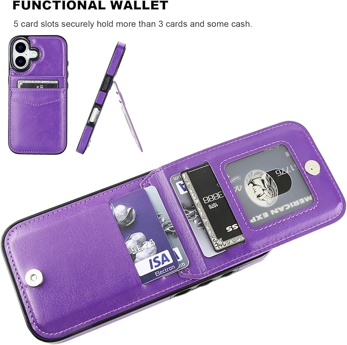 KIHUWEY Compatible with iPhone 17 Case Wallet with Credit Card Holder, Flip Premium Leather Magnetic Clasp Kickstand Heavy Duty Protective Cover for iPhone 17 6.3 Inch (Dark Purple)