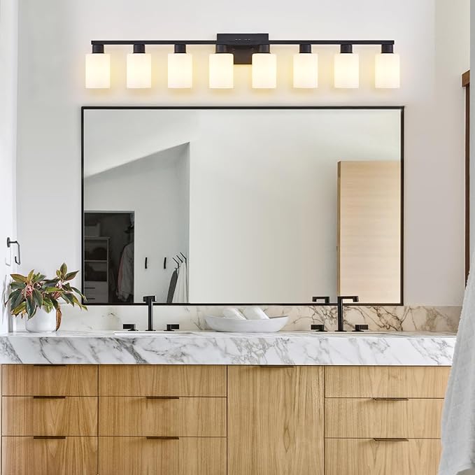 8 Light Bathroom Vanity Light, Black 8-Light Bathroom Light Fixtures, Vanity Lights for Bathroom with Milky White Frosted Glass Shades, Lighting Fixtures Over Huge Mirror, Wall Lamp for Living Room