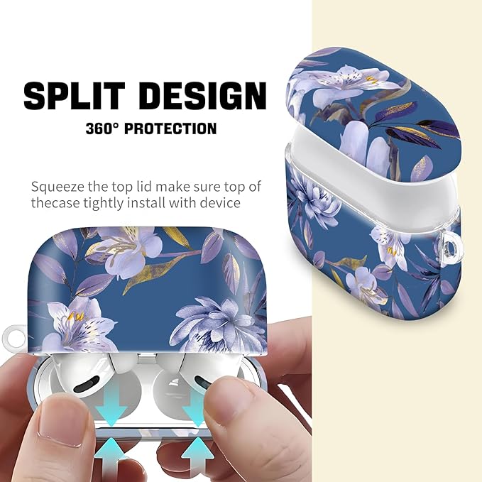 Compatible with AirPod Pro 2nd//1st Generation Case Cover with Key Chain,Full Protective Shockproof Wireless Headphone Case for Airpod Pro 2023/2022/2019（Purple Flowers）