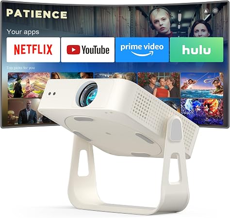 [Officially-Licensed App & Auto Focus]White Smart Mini Projector with WiFi and Bluetooth, XuanPad 4K Support Movie Projector, Portable Native 1080P Outdoor Projector with 360° Stand