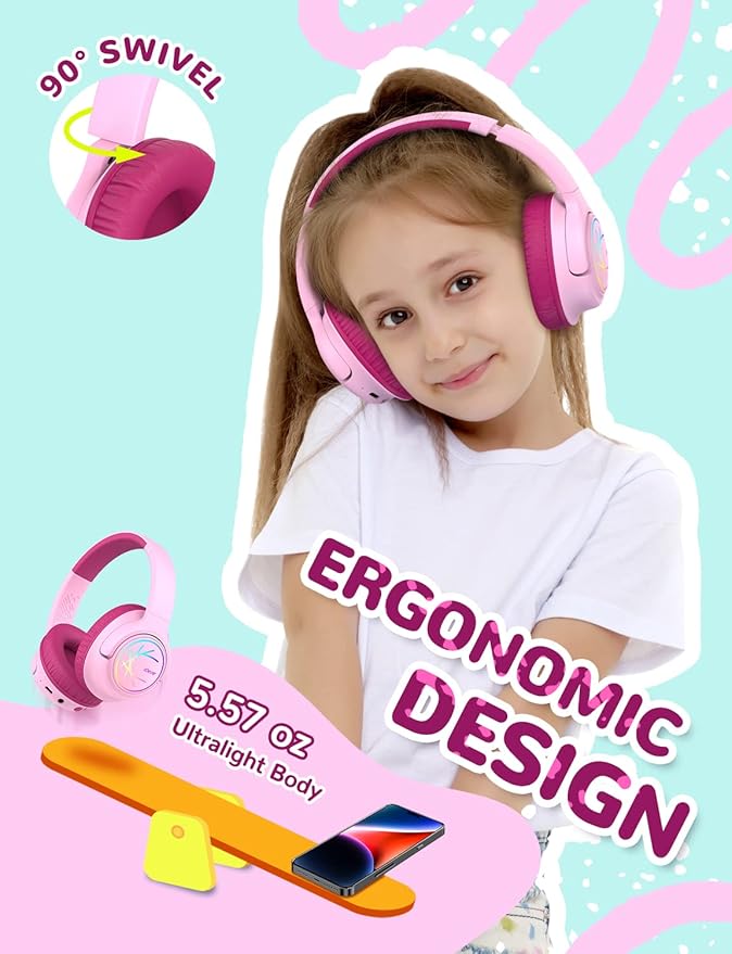 iClever Kids Bluetooth Headphones with LED Lights, BTH18 Safe Volume 74/85dBA, 43H Playtime, Bluetooth5.3 Kids Headphones Wireless Aux Cord for iPad/Tablet/Travel/School, Blossom Pink