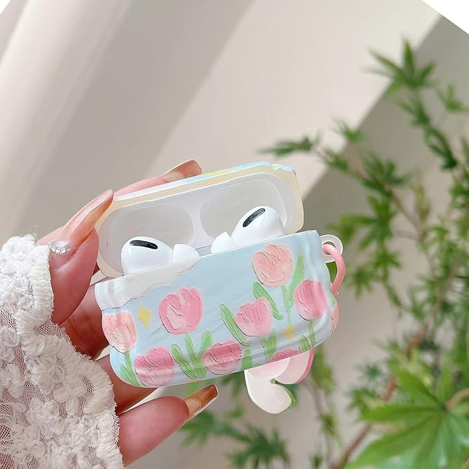 Cute Airpod Pro 2 / Airpod Pro Case Flower with Floral Keychain Wave Shape Soft TPU Protective Cover Compatible with AirPods Pro 2nd Generation Case for Girls Women (Tulip Pink)