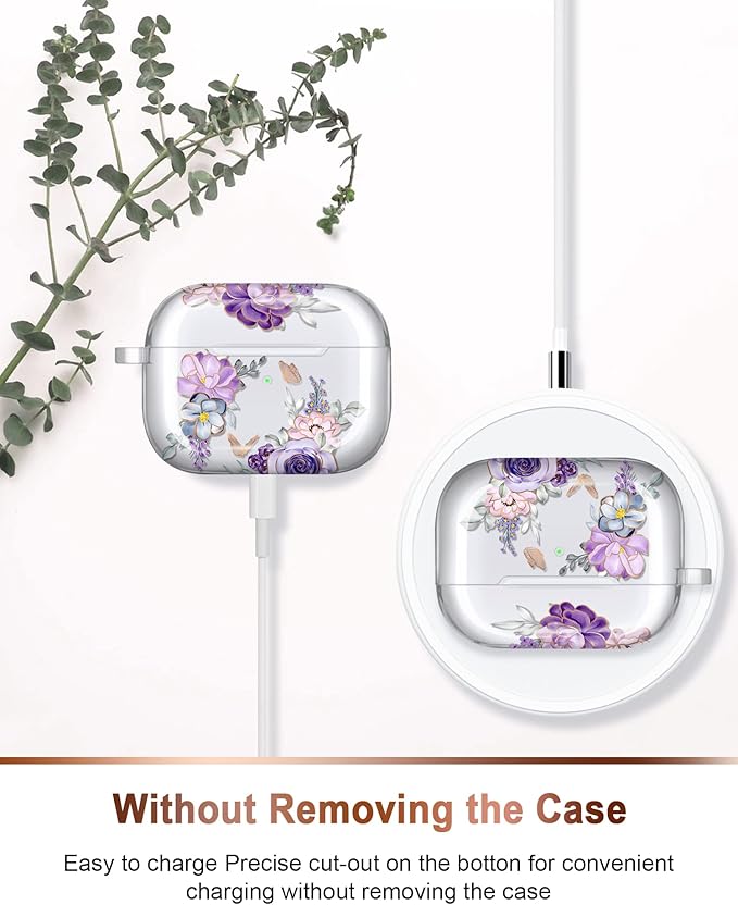 JIAXIUFEN Compatible with AirPods Pro 2019 / Airpods Pro 2nd Generation Case Cover Gold Sparkle Glitter Butterfly Design Cute Full Protective TPU Skin Accessories for Women Girl Flower Purple