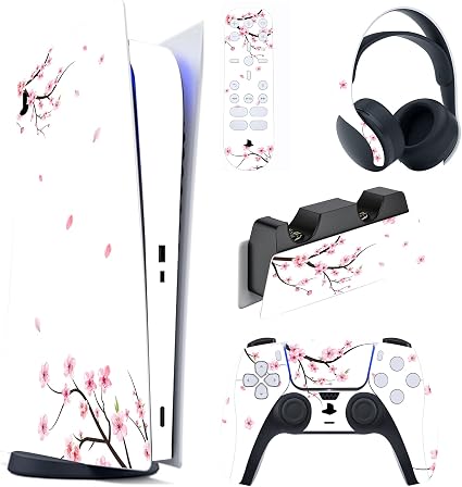PlayVital Falling Cherry Blossom Full Set Skin Decal for ps5 Console Digital Edition, Sticker Vinyl Decal Cover for ps5 Controller & Charging Station & Headset & Media Remote