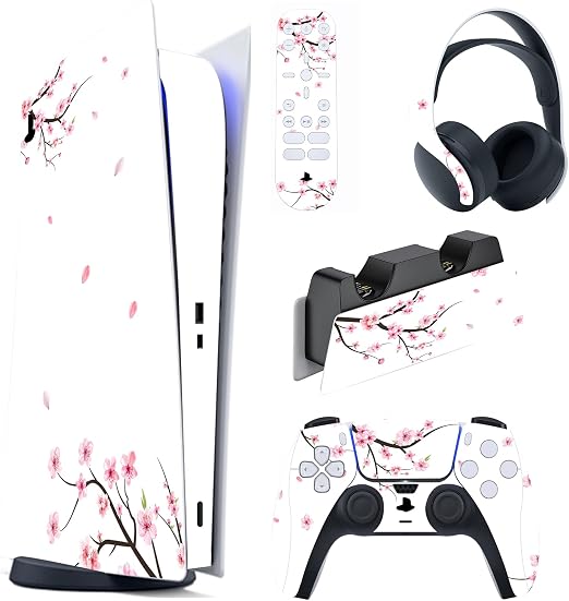 PlayVital Falling Cherry Blossom Full Set Skin Decal for ps5 Console Digital Edition, Sticker Vinyl Decal Cover for ps5 Controller & Charging Station & Headset & Media Remote