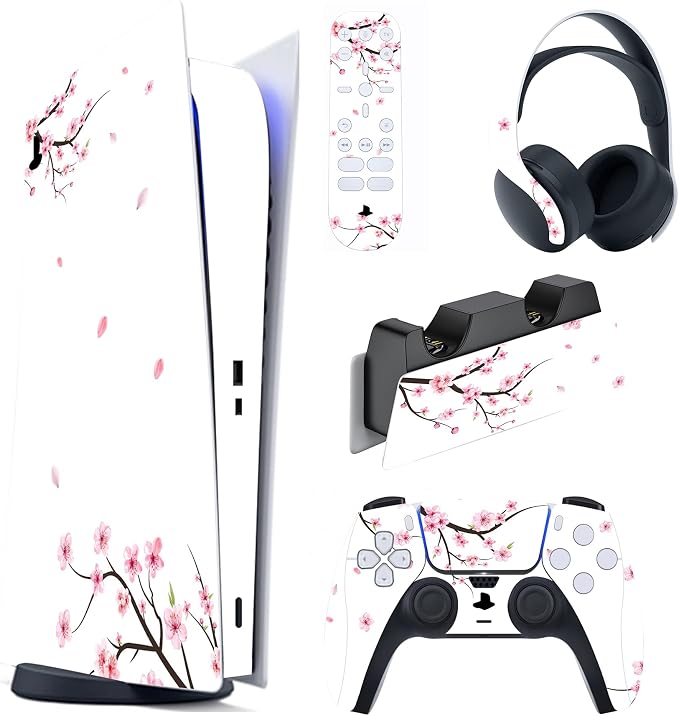 PlayVital Falling Cherry Blossom Full Set Skin Decal for ps5 Console Digital Edition, Sticker Vinyl Decal Cover for ps5 Controller & Charging Station & Headset & Media Remote