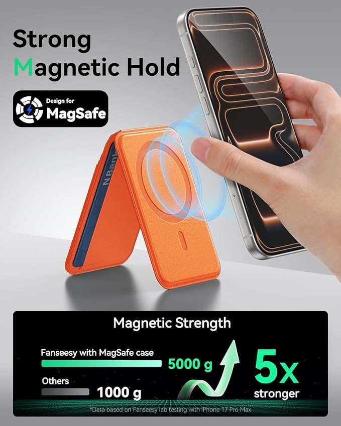 for MagSafe Wallet with Stand, 5 Card Holder, Slim Leather Magnetic Wallet for iPhone 17/16/15/14/13/12 Pro Max Plus Air Series, 3 Card Slots & 1 Cash Slot,Orange