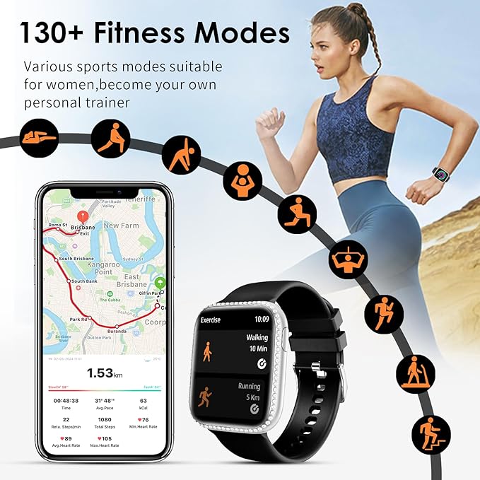 Smart Watch for Women, 1.75" AMOLED Fitness Tracker for Android iOS, Answer/Make Call with Heart Rate Sleep Monitor 130+ Sports Mode, IP68 Waterproof Smartwatch (Black Band with Silver Watch)