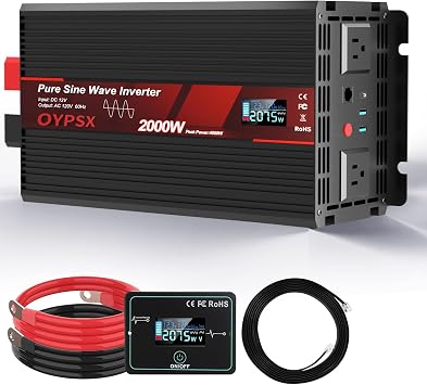 2000W Power Inverter 12V to 110V 120V AC Pure Sine Wave Inverter for RV Truck Camping,Outdoor Off-Grid Power Converter with LCD Display,Wired Controller,AC Outlets USB Port(12V-2000Watt)