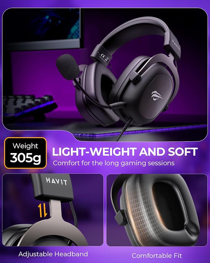 havit H2002d Gaming Headsets for PS4,PC, 53MM Drivers Surround Sound PS5 Headset with Mic Gaming Headphones with Mic Durable Aluminum Frame Valentines Gifts for Men
