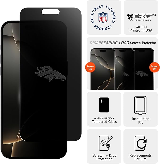 NFL Denver Broncos Privacy Screen for iPhone 14 Pro Max - with Disappearing Logo - Scratch-Resistant and Easy-to-Install Screen Protectors (Includes Installation Tray)