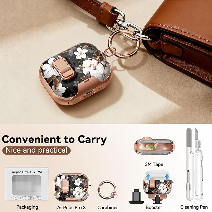 for AirPod Pro 3 Case 2025, with Safty Lock & Phone Stand for Floral AirPod Pro 3 Generation Case Cover for Women Girly, iPod Pro 3 Cases with Keychain & Cleaner Kit - Black Gold Flower