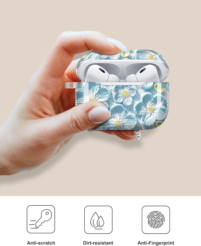 JIAXIUFEN Compatible with AirPods Pro 2 Gen/1 Gen Case Cover Retro Oil Painting Printed Flower Protective TPU Skin Accessories for Women Girl Mint Blue