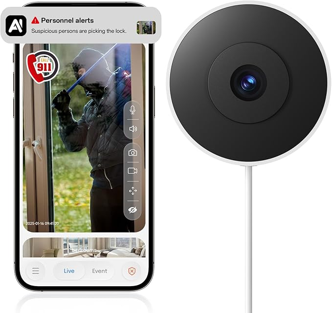 4MP/2K Window Cameras for Home Security, WiFi Indoor Security Camera with Blacklight Full Color Night Vision, Al Text Recognition, Smart Search, 24/7 Recording for Porch/Yard/Front Road (1PCS)