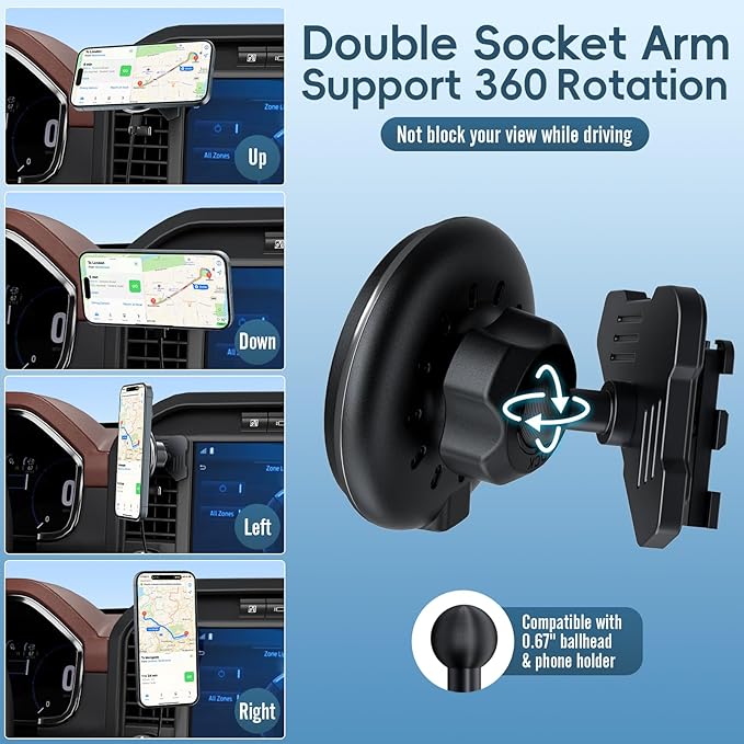 Car Vent Wireless Charger Magnetic Phone Mount Compatible with 2021-2025 Ford F-150, 2023-2025 Super Duty F250/F350/F450, Metal Phone Holder Cradles Bracket Stand for All Smartphones (No Socket Arm)