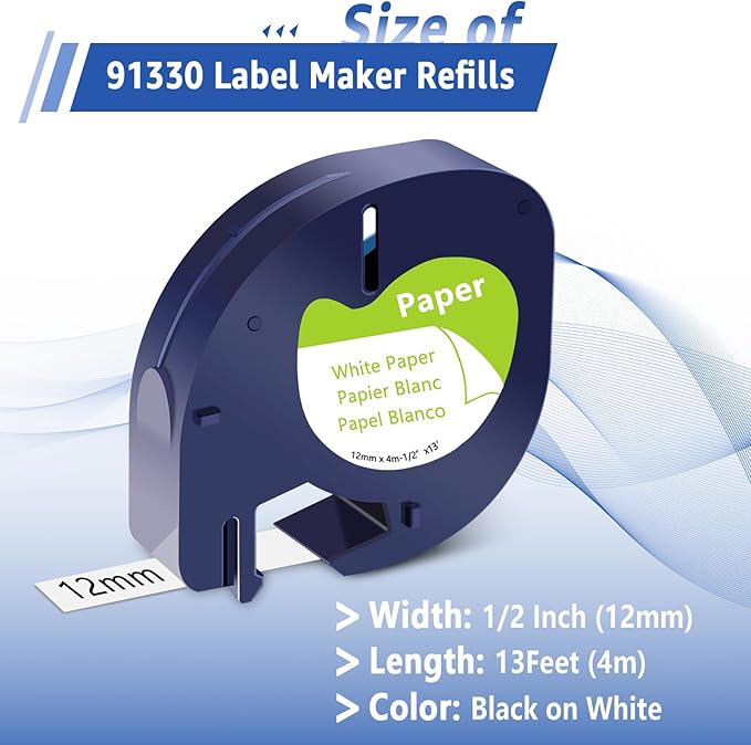 5 Pack Black on White Paper Tape Compatible for Dymo LetraTag Label Maker Refills 91330 White Paper Label Maker Tape 12mm x 4m (1/2" x 13') for Dymo Letratag LT100H LT100T 200B