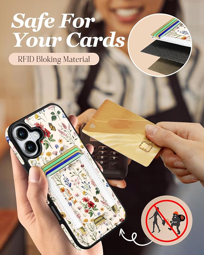 Shorogyt for iPhone 17 Wallet Case - Fits 5 Cards, Compatible with Magsafe Detachable Magnetic Credit Card Holder Leather Cardholder Cute Phone Cover Women Girls for Apple 17, Floral