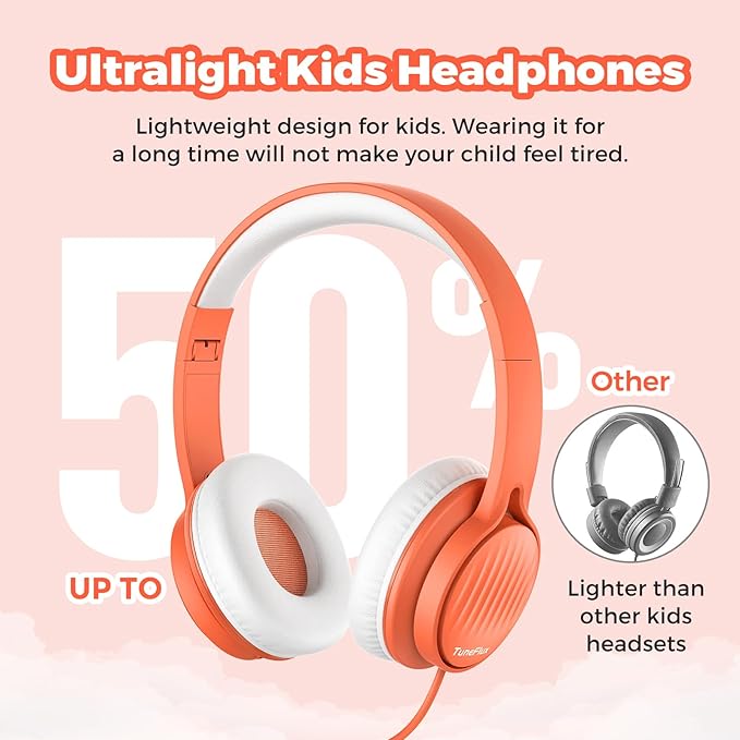 TuneFlux Upgraded Kids Headphones, Wired Toddler Headsets, 85dB Limited Volume On Ear Headphones, Portable Foldable Design, Stereo Sound Kids Headsets for School/Tablet/Travel-Orange