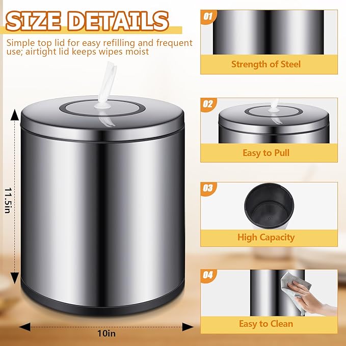 Tandefio Stainless Steel Countertop Wipe Dispenser Fits Wipes on Rolls 10 x 11.5 Inch Round Tissue Holder Refillable Tabletop Cylinder Container for Fitness Clubs Gym Schools Daycares(Sliver)