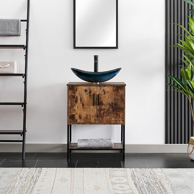 eclife 24" Bathroom Vanity Sink Combo Modern Metal Stand Cabinet W/Bottom Shelf Blue Boat Vessel Sink & Water Save Faucet & Pop Up Drain, Rustic Brown (A29BU)