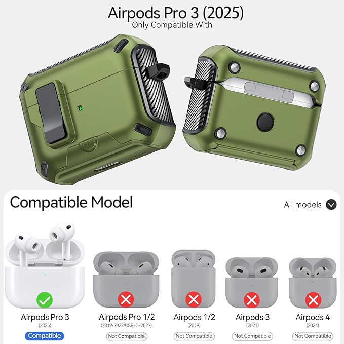 for AirPods Pro 3 Case (2025) with Phone Stand,（with Automatic Snap Switch） Carbon Fiber Design Protection Cover with Cleaning Pen,Dark Green