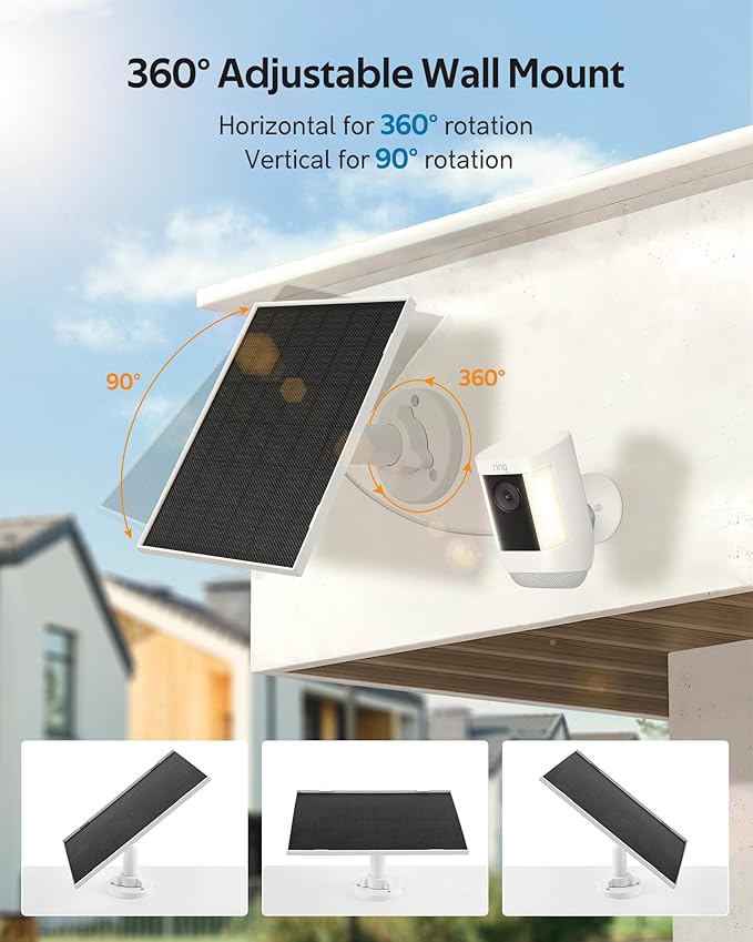 Ring Solar Panel Charger, 6.5W Solar Panel for Security Camera, Compatible for Ring Camera with Battery, Waterproof Solar Panel with Type-C, Micro USB and DC Port Cable for Most Cameras