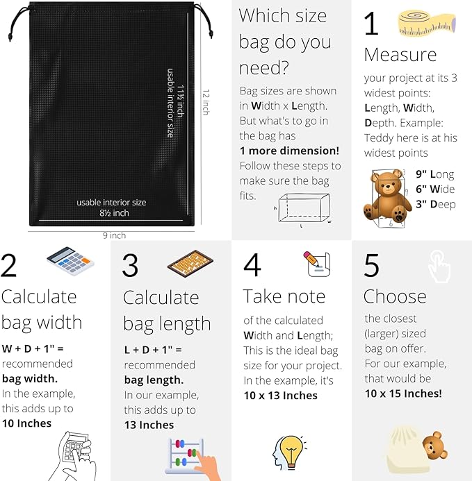 PALTERWEAR Tech-Weave PU-Coated Drawstring Bags (Set of 5) Water-Resistant, Directional-Stretch Travel Organizers for Gym, Toiletries, Tech Gear, Tablet - Durable, Wipe-Clean (Black 3D, 9 x 12 In)