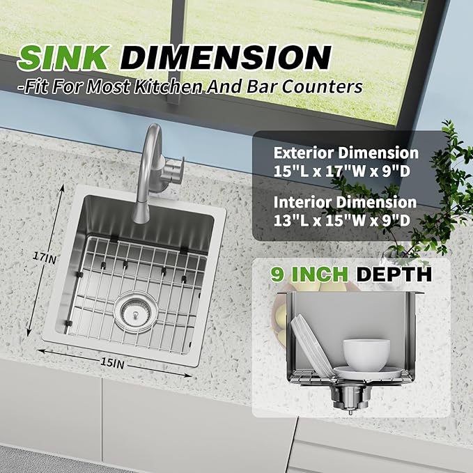 15x17In Undermount Kitchen And Bar Sink- Stainless Steel Single Bowl Modern Drop In Kitchen&Bar Sink With SS Grid,Silicon Mat,Colander,Drain Strainer Compatibility With Various Kitchen&Bar Style