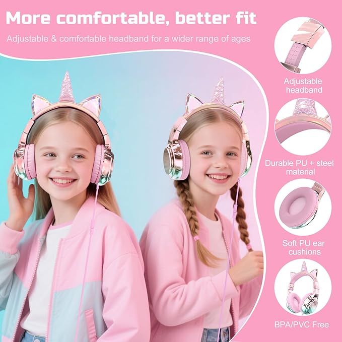QearFun Kids Unicorn Headphones Wired with Mic, 85/94dB Safe Volume Limit, Sparkly Wired Headset, Foldable, Sharing Port & Tangle-Free Cord for School, Chromebook, Tablet, Travel, Boys & Girls