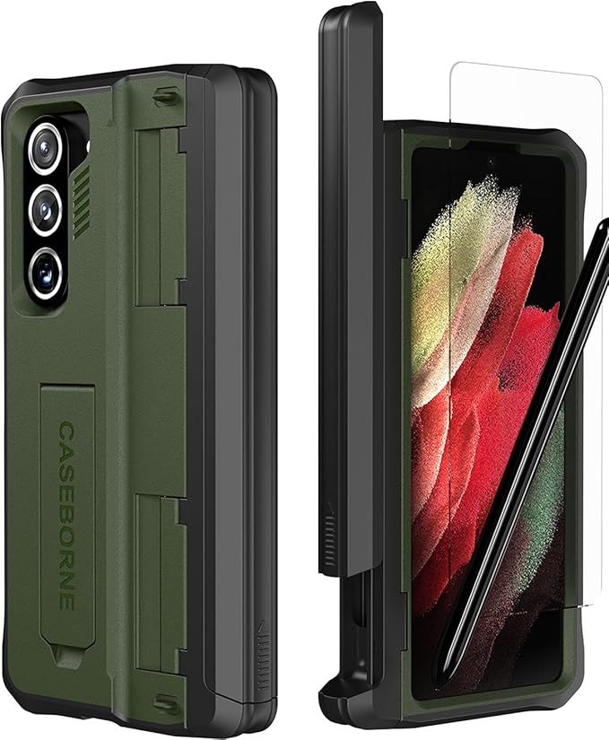 CaseBorne V Compatible with Samsung Galaxy Z Fold 5 Case - Full Body Protective Case with Hinge Cover, [Tempered Glass Screen Protector], Kickstand and S Pen Holder, [Recycled Materials] Green