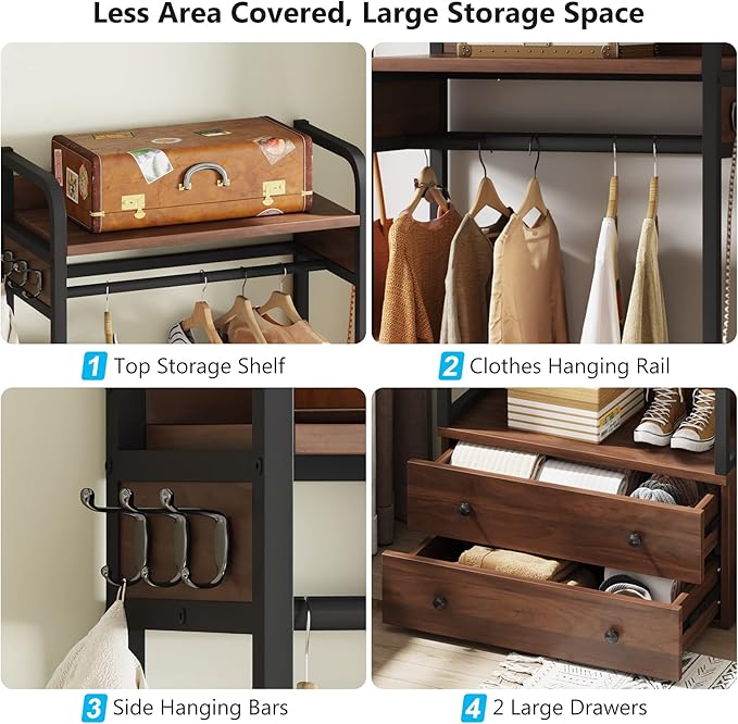 Tribesigns Freestanding Closet Organizer Small Clothes Rack Coat Rack with Drawers and Shelves, Heavy Duty Small Garment Rack Industrial Hall Tree for Hallway, Entryway, Bedroom