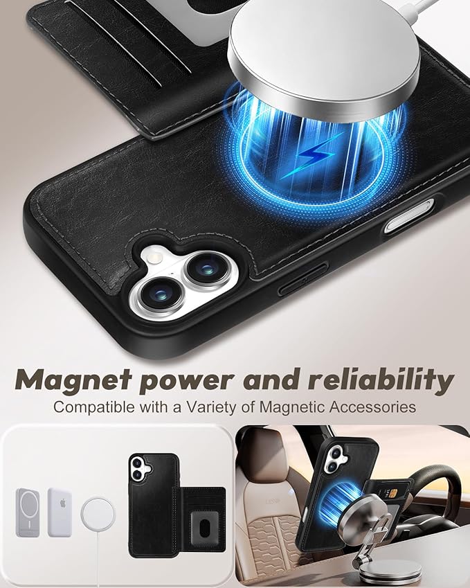 for iPhone 16 Wallet Case - Fits 4 Card Slots, Compatible with MagSafe for Women Aesthetic Durable PU Leather Credit Card Holder Kickstand Phone Cover for Apple 16, Black
