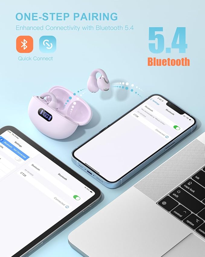 Open Ear Clip Wireless Earbuds Bluetooth 5.4, Lightweight Comfort Sports Bone Conduction Headphones Built-in Mic for Clear Audio, Stable Fit Earphones 24H Play-Purple