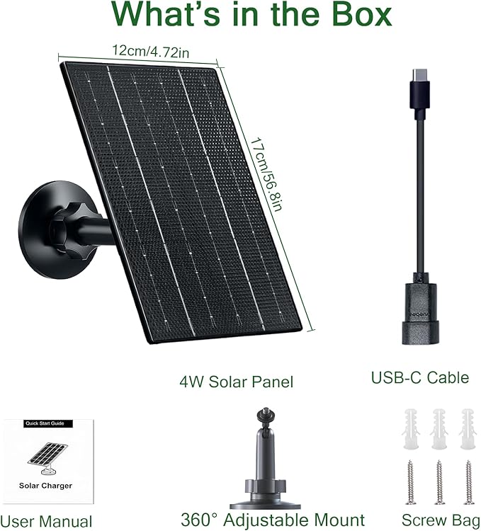 Zivif 4W Solar Panel for Security Cameras, 5V Solar Charger with Micro USB/USB-C Ports, IP65 Waterproof, 360° Adjustable Mount & 9.8ft Cable for Rechargeable Battery Cameras