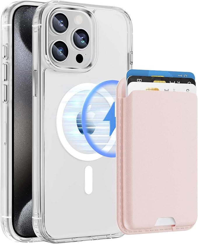 Magnetic for iPhone 15 Pro Clear Case with Pink Detachable Wallet, Compatible with MagSafe, Credit Card Holder with Slim Shockproof Protective Phone Cover