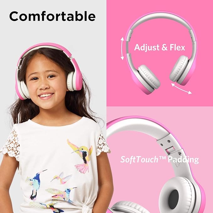 LilGadgets Connect+ Style On-Ear Kids Headphones with Microphone - SharePort Technology, SoftTouch Padding, Detachable Cable, Volume Limiting, Durable & Adjustable - Pink