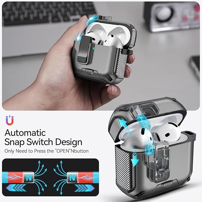 for AirPods 4 Case (2024) with Phone Stand,（with Automatic Snap Switch） Carbon Fiber Design Protection Cover with Cleaning Pen,Gray