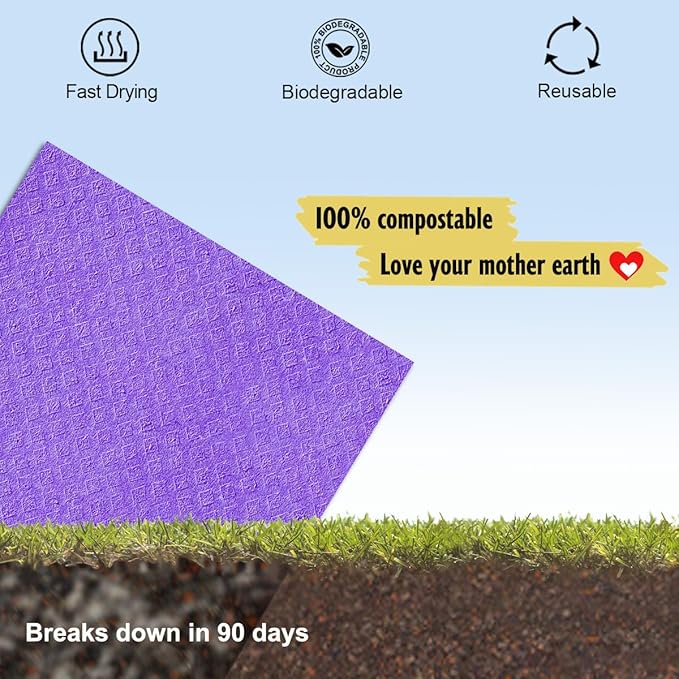 Swedish Dishcloths - 10 Pack Reusable Kitchen Dishcloths - Ultra Absorbent Dish Towels for Washing Dishes - Cellulose Sponge Cloth Cleaning Cloths - Purple