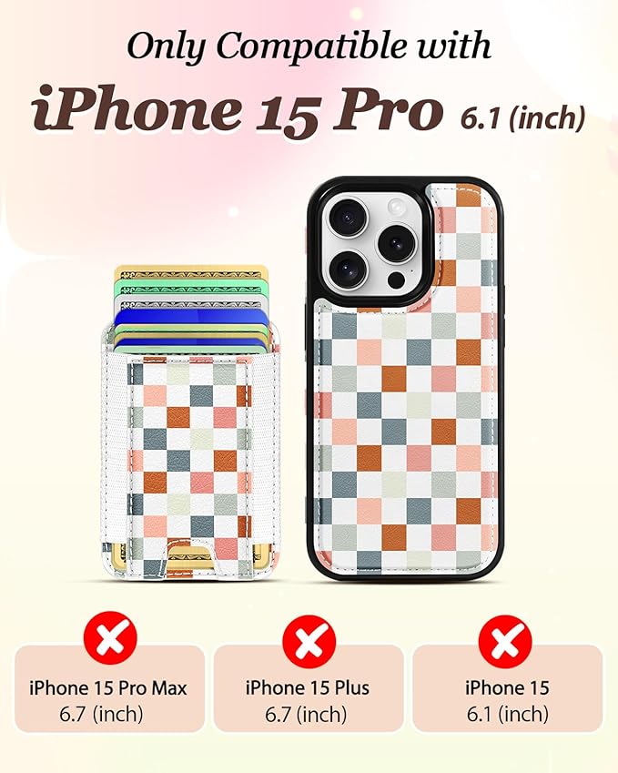 Shorogyt for iPhone 15 Pro Wallet Case - Fits 5 Cards, Compatible with Magsafe Detachable Magnetic Credit Card Holder Leather Cardholder Cute Phone Cover Women Girls for Apple 15Pro, Checkered