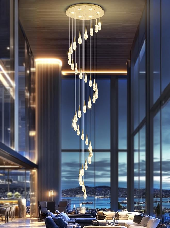 H 177" Moderm Extra Large Chandelier 36-Lights Foyer Chandelier for High Ceiling Crystal Pendant Light Fixture Raindrop Chandeliers for Staircase Villa Living Room (Gold