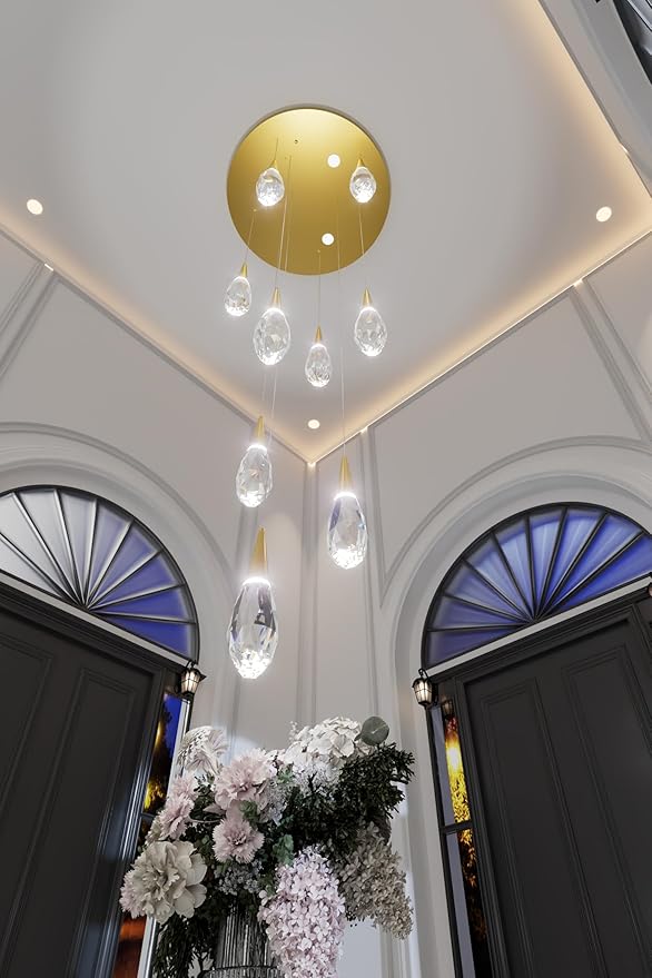 H98 Modern Chandelier for Stairway 9-Lights Crystal Raindrop Chandelier Gold Pendant Light for Staircase Living Room Entryway LED Dimmable High Ceiling Chandeliers with Remote