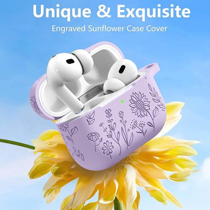 Flower Engraved Case for AirPods Pro 2 Gen with Clean Kit & Keychain, Cute Soft Silicone Protective AirPods Pro Case Cover for Apple AirPods Pro 2nd/1st Generation, Front LED Visible, Lavender