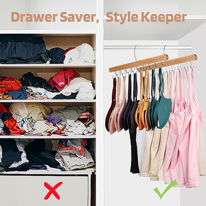 2 Pack Bra Hanger for Closet Organizer, Premium Wooden Tank Top Hangers with 40 Foldable Hooks, 360° Rotating Design, Space Saving Storage for Tank Tops, Bras, Scarves and More