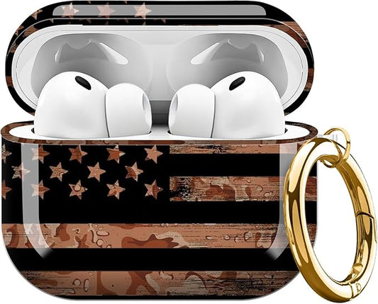 AirPod Pro 3 (2025) Case Cover for Women, Cute Shockproof TPU Protective Case with Gold Round Buckle, Anti-Drop Design Cute Camouflage Flag